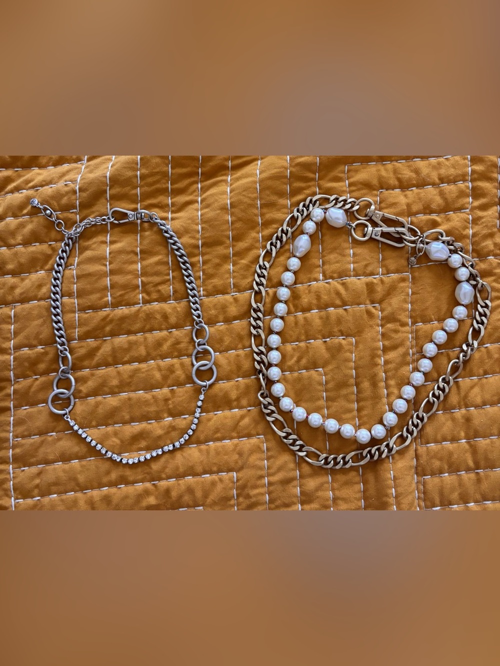 CAbi Lot White Pearls and Gold-Tone Layered Necklace and silver rhinestone Set